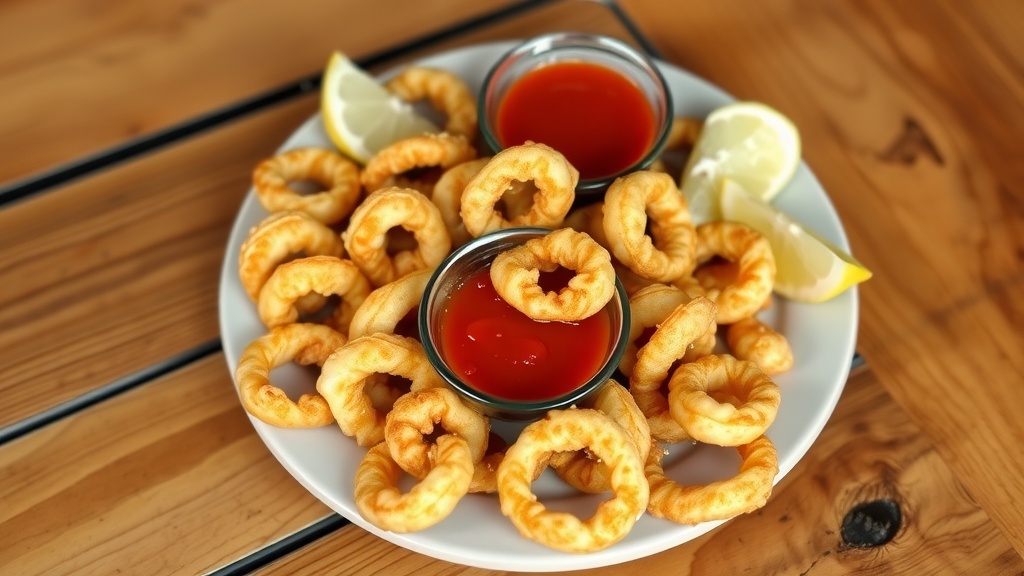 Crispy Calamari Fritti Recipe Crispy calamari fritti served with lemon wedges and marinara sauce on a rustic table.